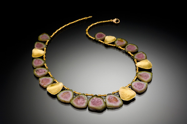 Barbara Heinrich Studio Watermelon tourmaline slice necklace with five hand-fabricated 18kt gold shell elements and gold tube spacers, 15.5" long with a 2" extension chain.