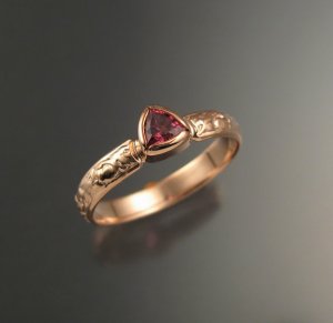 Stone Fever Jewelry Pink Tourmaline trillion cut Victorian Engagement ring 14k Rose gold bezel set pink gold wedding ring, $425
